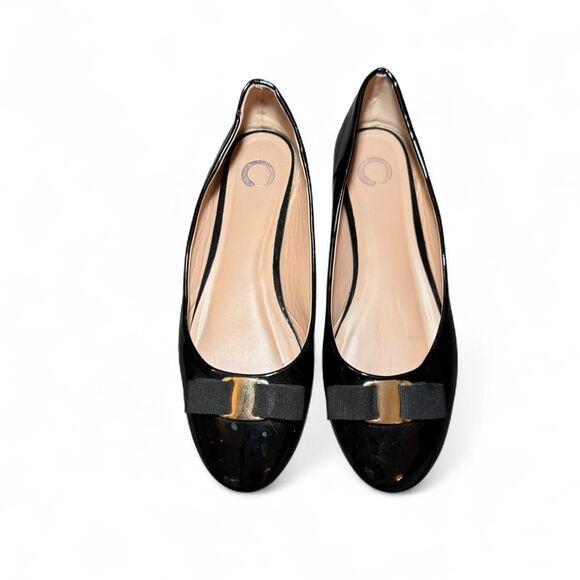 Black Faux Patent Ballet Flats Bow Round Toe Slip-On Women’s Size 11 - Picture 1 of 8